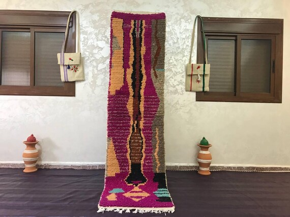 Rug Runner: Handmade Moroccan Wool - Pink, Red, Navy Accents