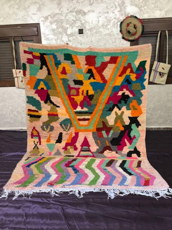 Berber Moroccan Wool Rug - Colorful Boujad Runner with Fringed Edges