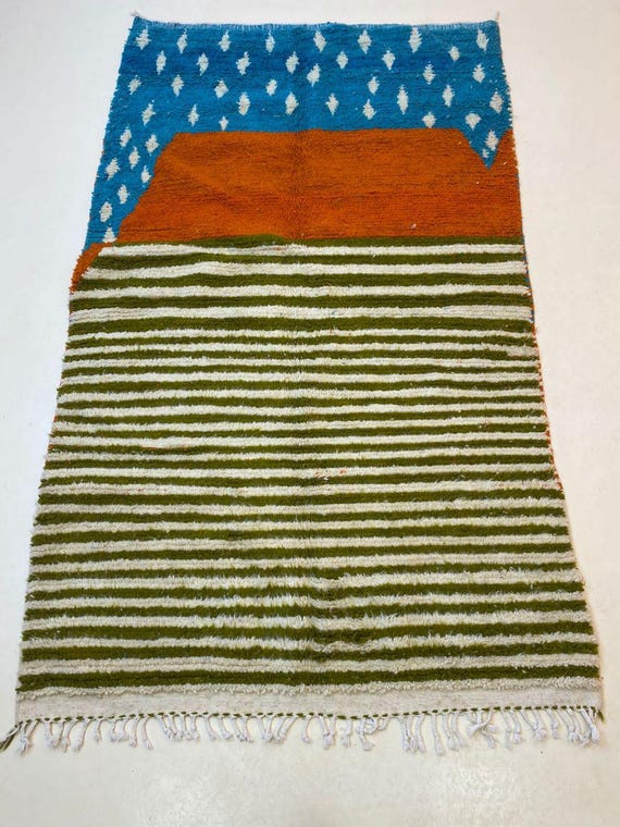 Handwoven Berber Wool Rug: Terracotta, Rust Stripe, Straw Pattern