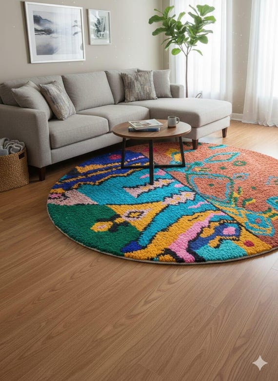 Round Wool Rug: Vibrant Moroccan Boho Design - Handmade