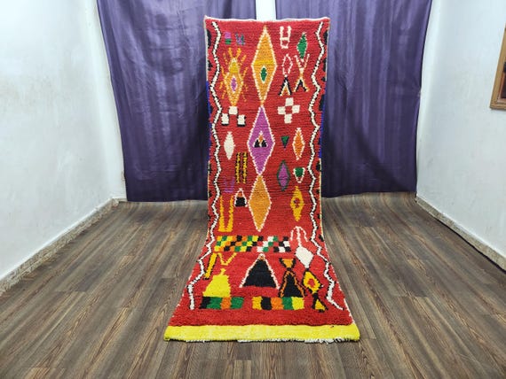 Berber Wool Runner Rug: Moroccan Handwoven Design (Red with Tassels)