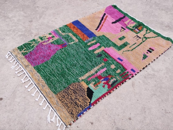 Berber Wool Rug, Pink and Green Geometric Blocks (Handmade, Fringe)