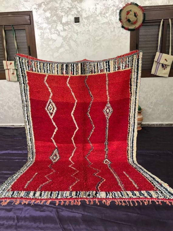 Handmade Moroccan Wool Rug - Red Boho Living Room Carpet