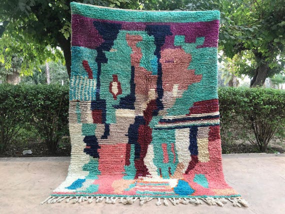 Berber Wool Rug, Blue Green Moroccan Boho (Handmade 10x14 ft)