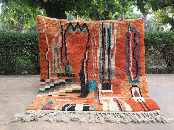 Moroccan Wool Rug: Orange Azilal Design - Handmade with Fringe