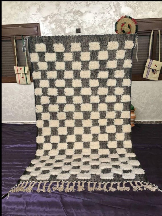 Handwoven Berber Rug: Black and White Checkered Wool (Various Sizes)