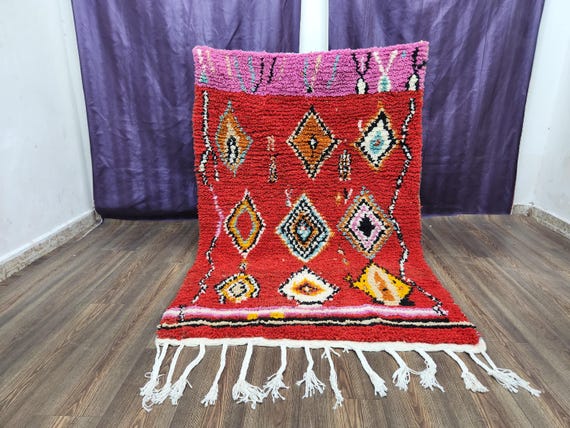 Handwoven Berber Wool Rug, Burnt Red Geometric Design