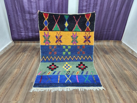 Moroccan Wool Rug: Colorful Berber Style (Handmade, Blue & Earth Tones)
