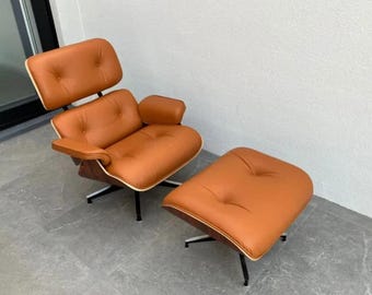 Premium Eames Style Lounge Chair with Ottoman – Orange Leather Walnut Wood Recliner