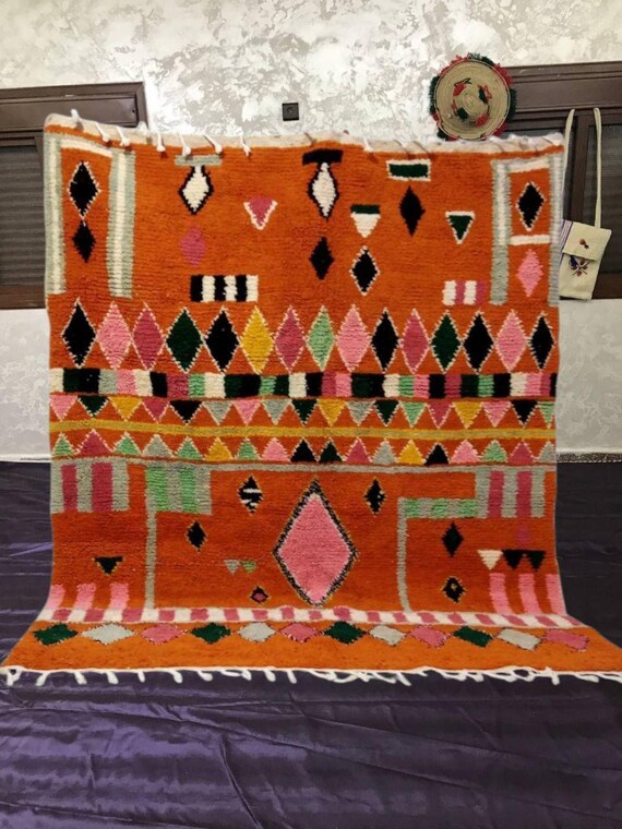 Boho Wool Shag Rug, Moroccan Style, Bright Orange (5x7 Feet)