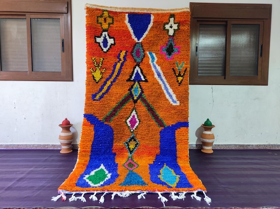 Berber Rug: Boho Moroccan Wool Carpet (Orange and Blue, Handwoven)