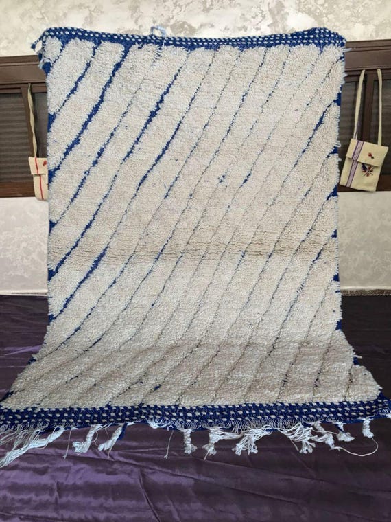 Moroccan Berber Wool Rug: Blue White Geometric, Handwoven 9x12