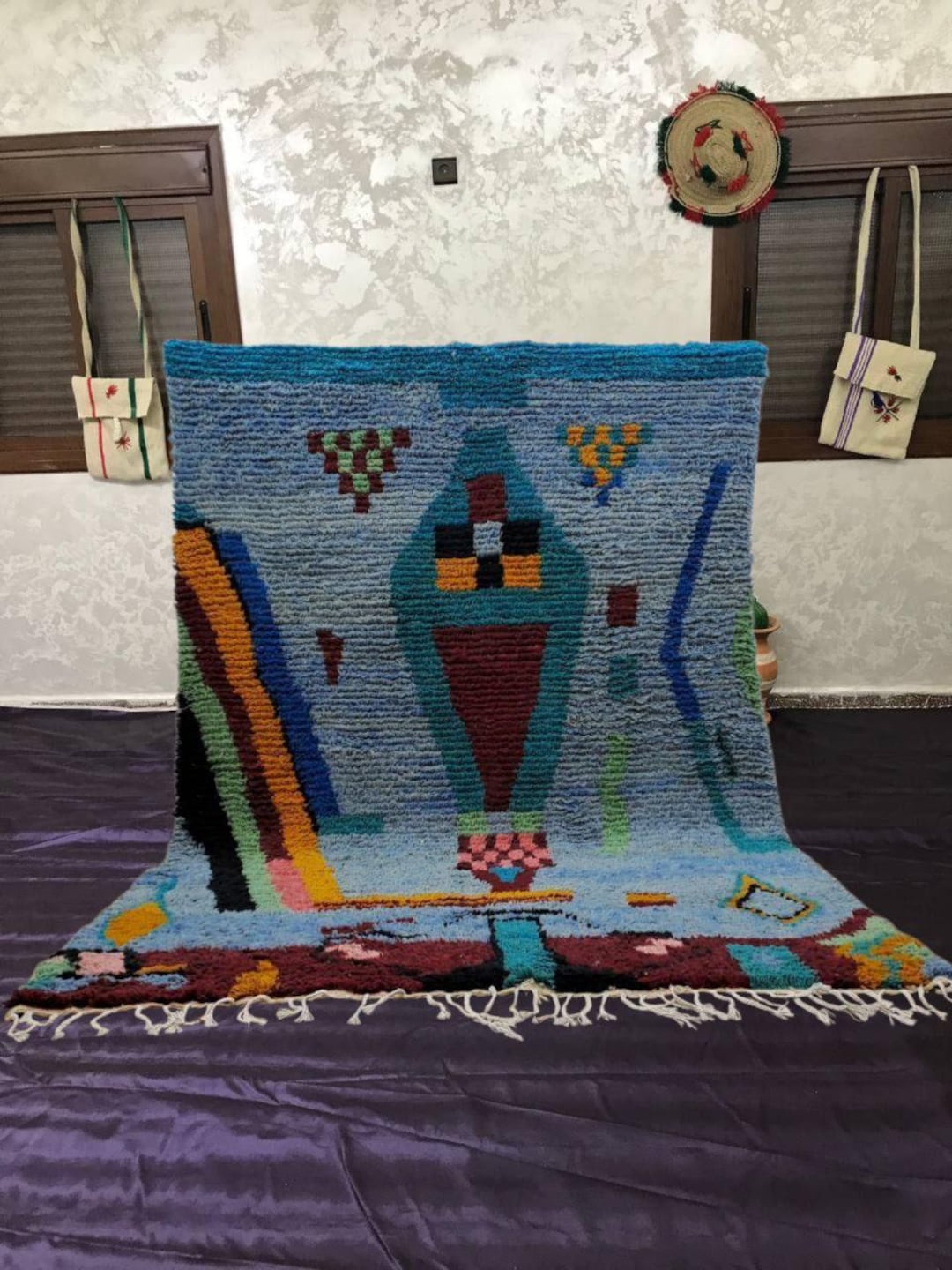 【新品／モロッコ直輸入】ハンベルラグ 手織りウール ボホシックラグ ハンドメイド モロッコ ブジャード：ブルー