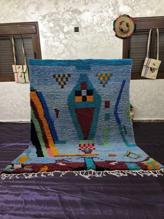 Boho Moroccan Boujaad Rug, Blue Diamond Pattern (Handwoven Wool)