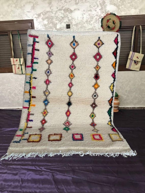 Peach Berber Rug - Handwoven Wool with Striped Border