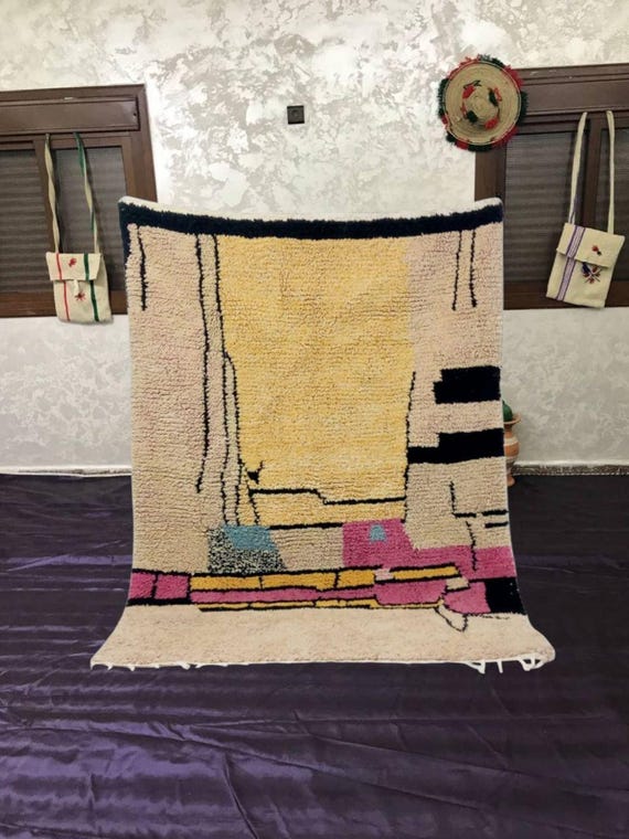 Moroccan Wool Rug, Cream Berber Diamond Pattern (Handwoven, Plush)