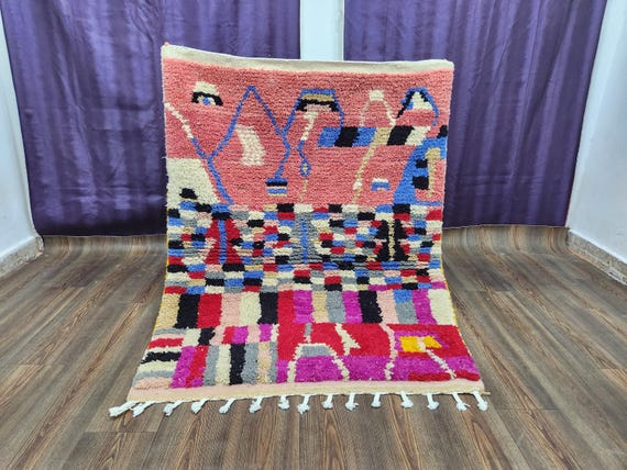 Berber Wool Azilal Rug, Moroccan Boho Style (Handmade, Colorful)