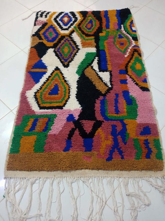 Berber Wool Runner Rug, Color Block Diamonds, Blues and Greens (Long Narrow)