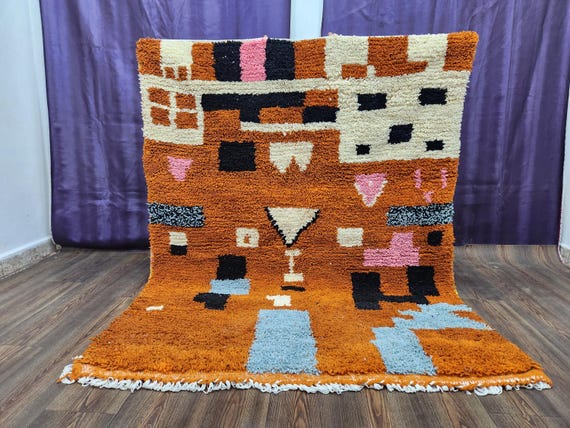 Berber Wool Rug, White and Orange Abstract (8x10 Moroccan Carpet)