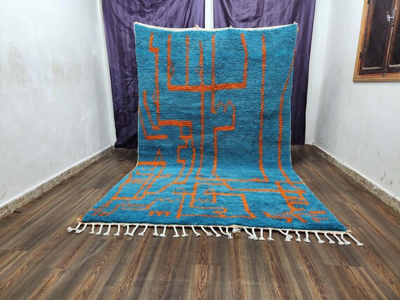 Blue and Orange Moroccan Wool Rug, Berber Handmade Carpet 8x10