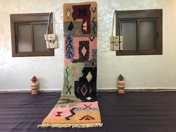 Moroccan Berber Wool Runner Rug: Pink and Green Shag