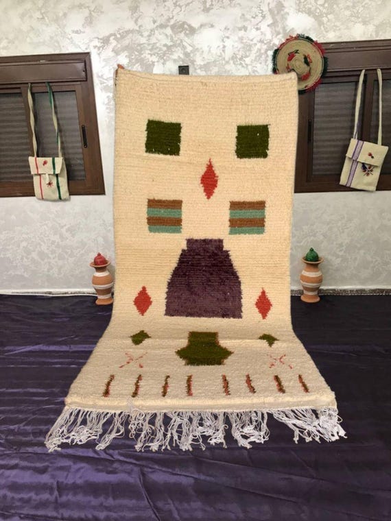 Berber Wool Rug: Peach and Green Geometric - Handwoven with Tassels