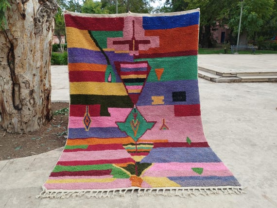 Handmade Wool Berber Rug, Pink Colorful Moroccan Carpet