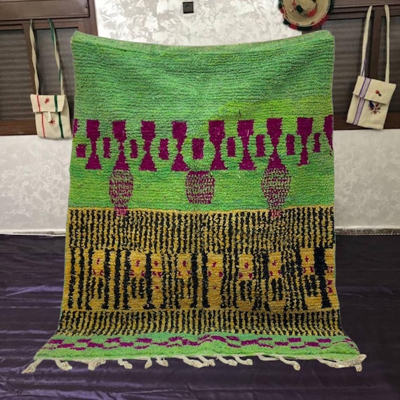 Handmade Green Berber Wool Rug: Moroccan Colorful Area Carpet