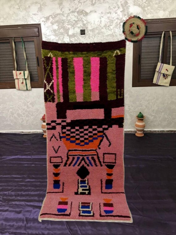 Hand-Knotted Moroccan Wool Rug Runner: Pink & Green Berber Design, desert chic decor