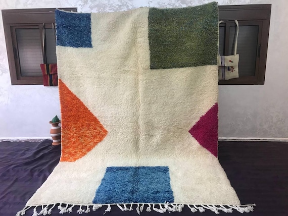 Handwoven Berber Wool Rug - Colorful Boho Grid Design