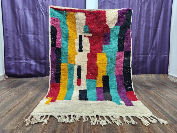 Moroccan Berber Wool Rug, Hand-Knotted, Green & Blue (7x9 Feet)