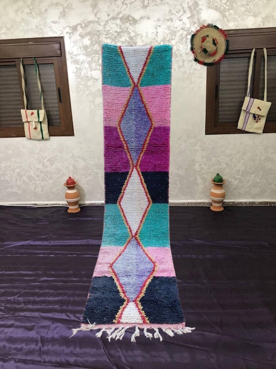 Moroccan Berber Runner Rug - Colorful Wool, Handknotted Texture
