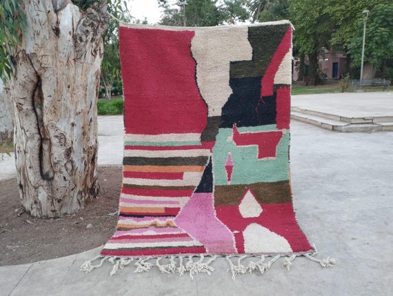 Moroccan Berber Wool Rug: Handwoven Boho Carpet in Red and Natural