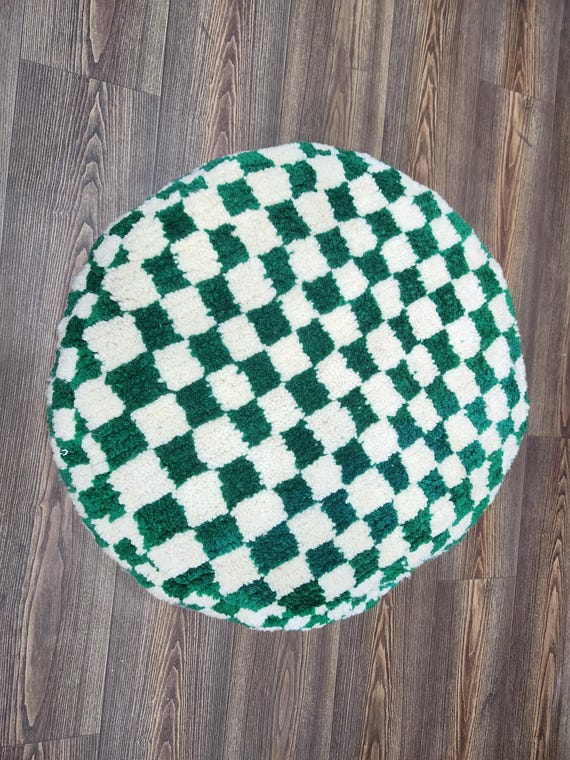 Round Green Checkered Pouf - Stylish Decor for Any Space