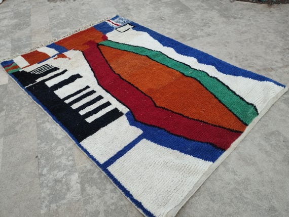 Hand-Woven Wool Berber Rug, Colorful Abstract Art Decor