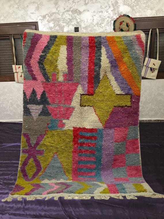 Vintage Moroccan Berber Rug: Colorful Hand-Knotted Wool Shaggy Carpet