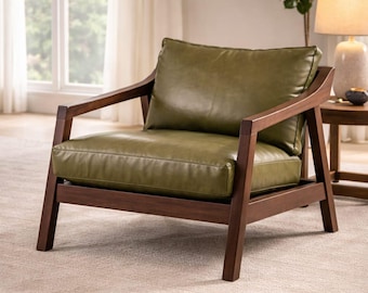 Poltrona lounge in pelle verde oliva, poltrona d'accento in stile moderno di metà secolo, poltrona con struttura in legno massello, seduta di lusso per il soggiorno.