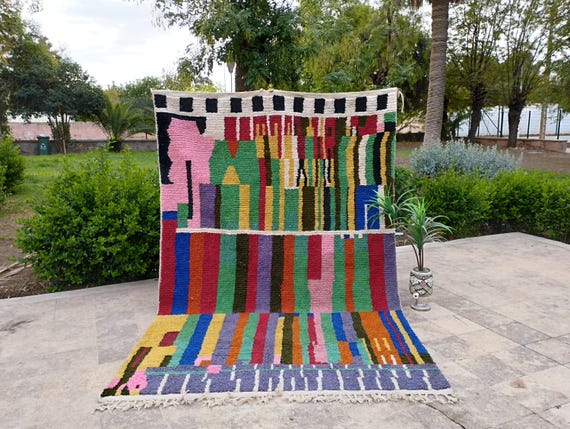 Boho Moroccan Wool Rug, Colorful Berber Patterns (Handwoven)