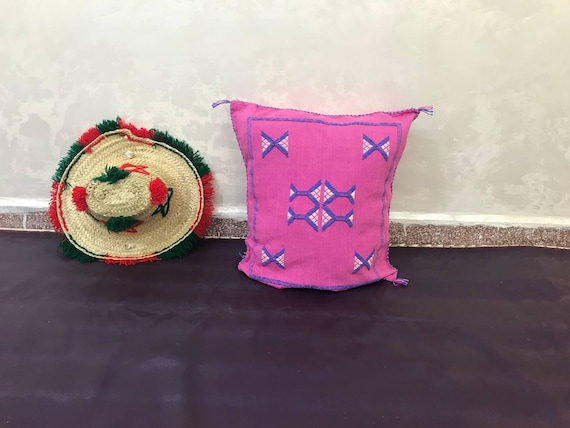 Moroccan Leather Pouffe: Pink Boujaad Rug with Tassels