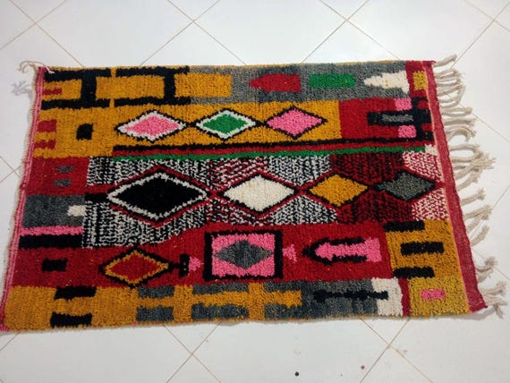 Moroccan Berber Rug - Handmade Wool with Bold Orange Diamonds