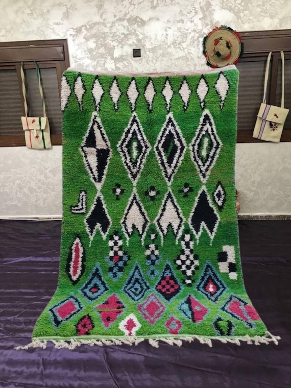 Moroccan Berber Rug, Olive Green Wool, Black Diamond Pattern (Hand-Knotted)