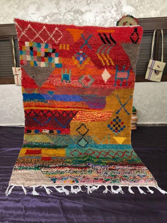 Moroccan Wool Rug, Colorful Boujaad, Trellis Pattern (Soft Shaggy Texture)