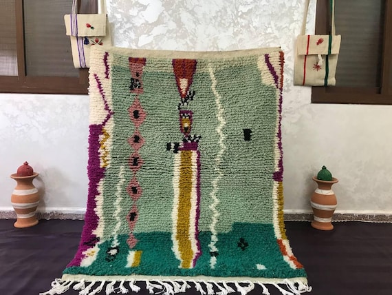 Handmade Green Wool Beni Ourain Rug: Authentic Moroccan Berber Carpet