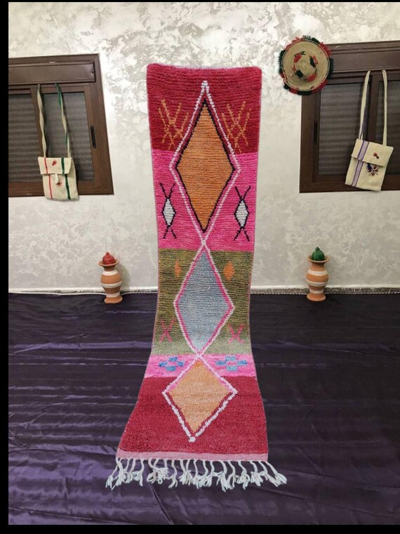 Colorful Berber Rugaziz Runner: Handmade Moroccan Wool, 16x14 ft