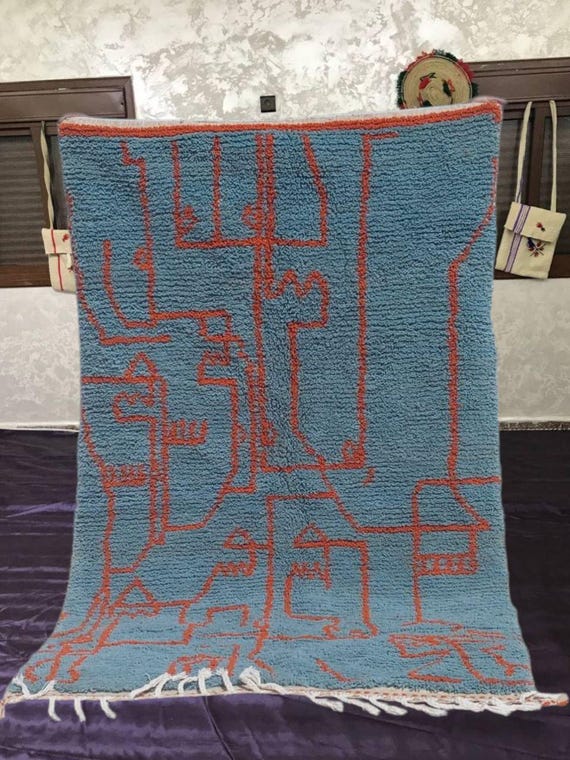 Orange and Blue Berber Rug, Hand-Knotted Moroccan Wool, Boho Chic