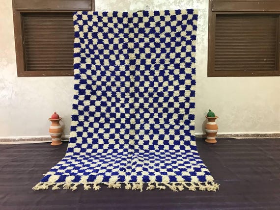 Moroccan Wool Rug: Hand-Knotted Blue Checkerboard (Fringed Edge)