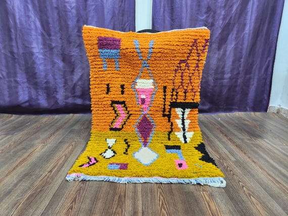 Ethnic Wool Rug: Handwoven Berber Styl ORANGE, Wool Geometric Pattern
