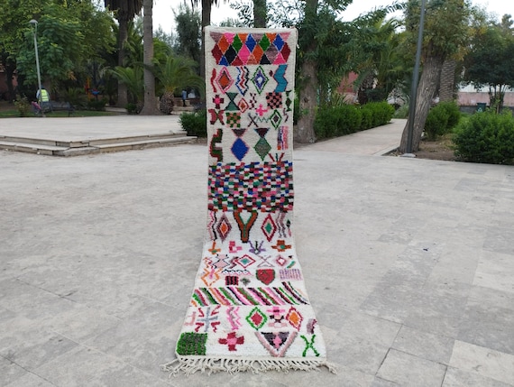 Handwoven Berber Runner Rug - Soft Wool, Colorful Geometric Design