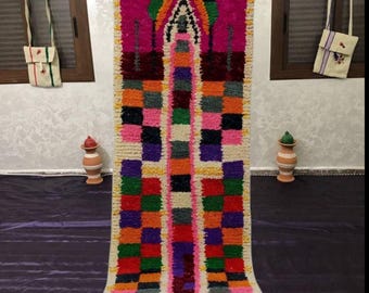 Alfombra Boujaad marroquí a rayas: alfombra de lana colorida anudada a mano
