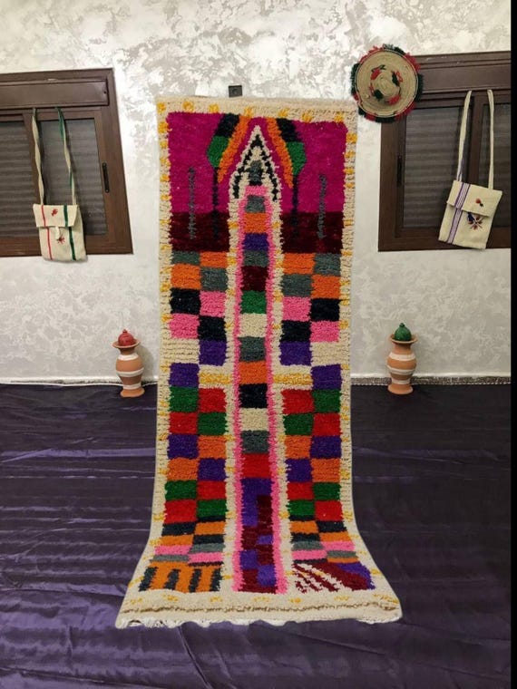 Striped Moroccan Boujaad Rug: Colorful Hand-Knotted Wool Runner